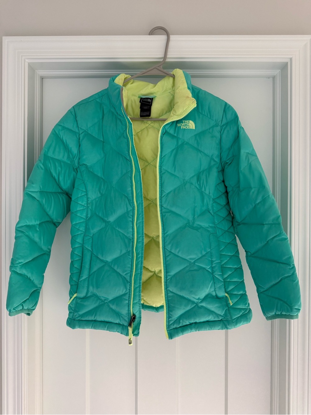 The North Face Lime Quilted Jacket with Teal Stitching
